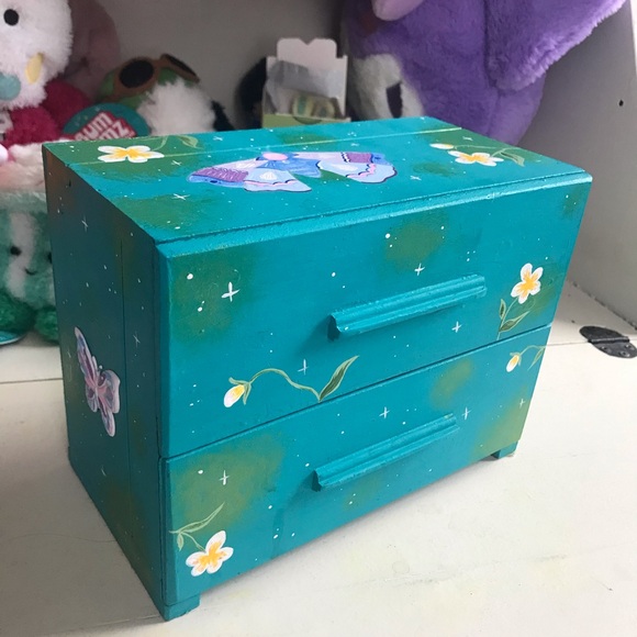 Handmade Other - Hand-Painted Teal Jewelry Box with Floral Accents